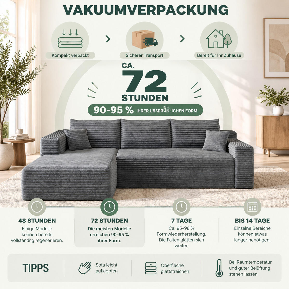 ECKSOFA Cord Dunkelgrau - Grau, Textil (241/151cm) - WISHDOR