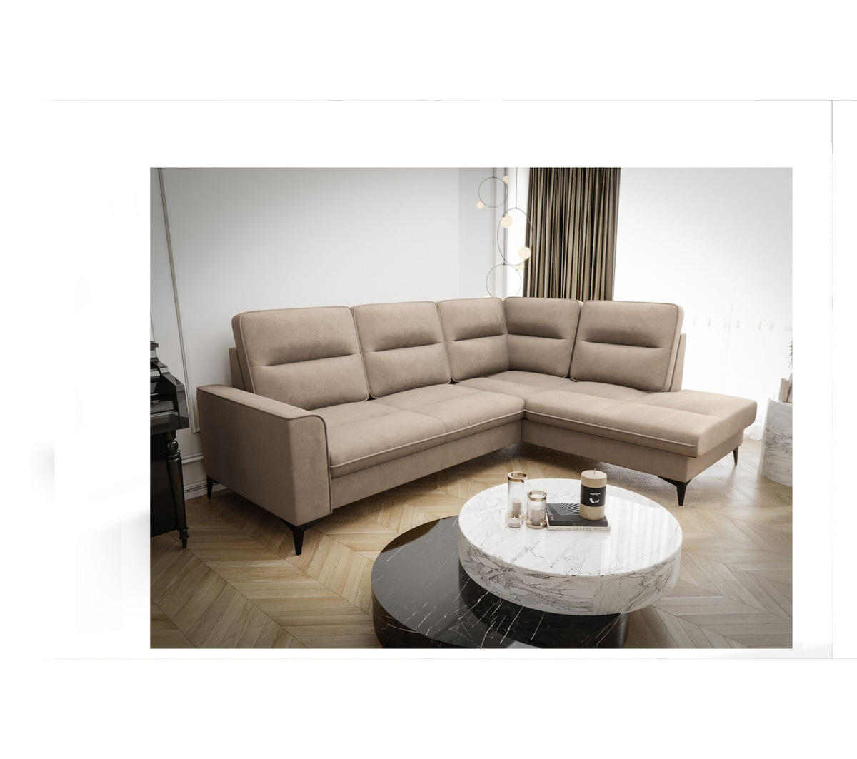 ECKSOFA KONGO RBN14, Eckcouch in L-Form mit Schlaffunktion, Farbe: Beige, Velourstoff, Ottomane Rechts - Beige, Textil (260/200cm) - O-Sofa