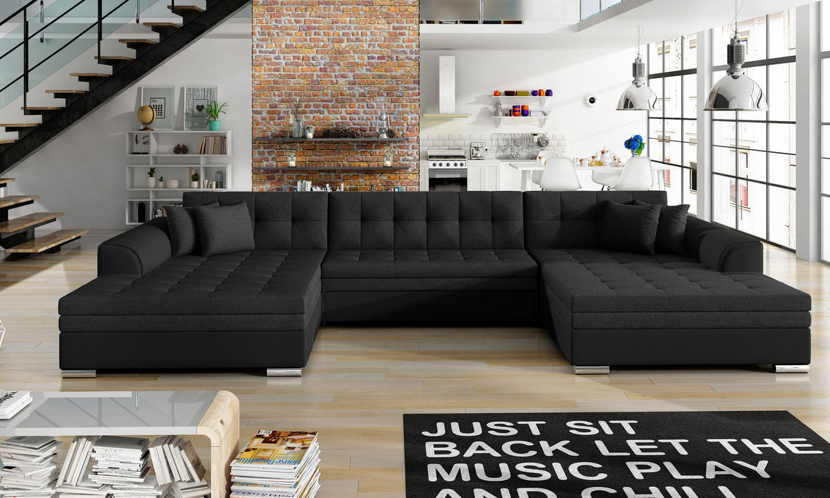 WOHNLANDSCHAFT VENTO U-Form – Großzügiges Ecksofa mit Schlaffunktion & Kissen 359 cm - Schwarz, Kunststoff (359/78/165cm) - Wohnideebilder