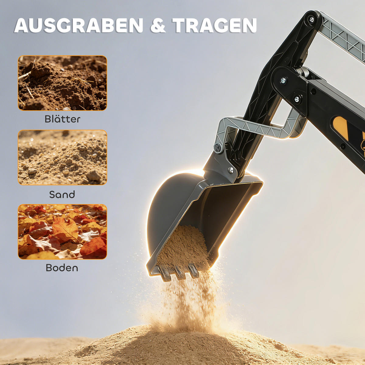 AUFSITZBAGGER DE-06273 mit Schaufel, drehbarem Lenkrad und verstellbarer Rückenlehne Gelb - Gelb, Kunststoff/Metall (113/36/57cm) - ComfortXL
