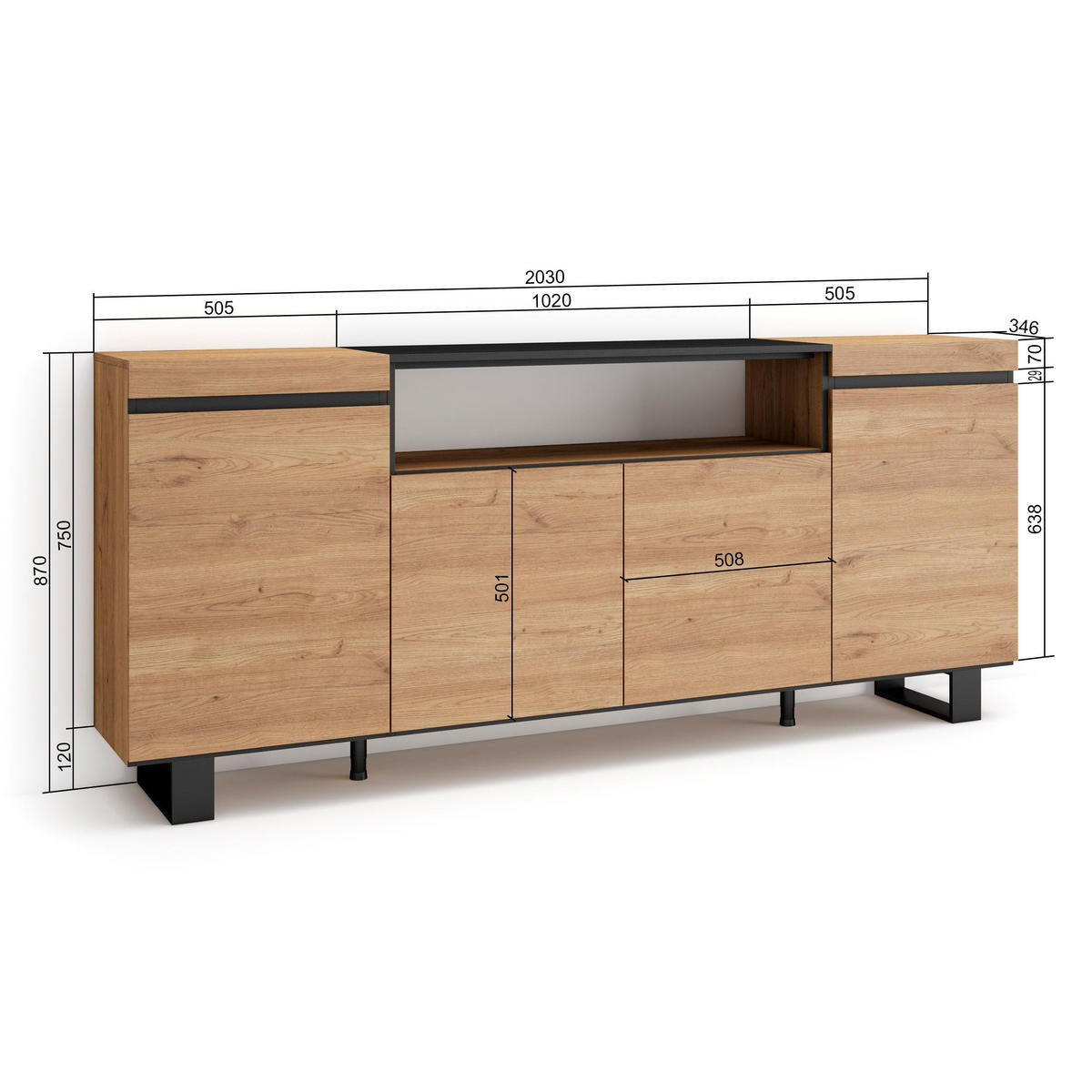 SIDEBOARD eiche, schwarz, 200/35/87cm - Multicolor, Holzwerkstoff (200/87/35cm) - Skraut Home