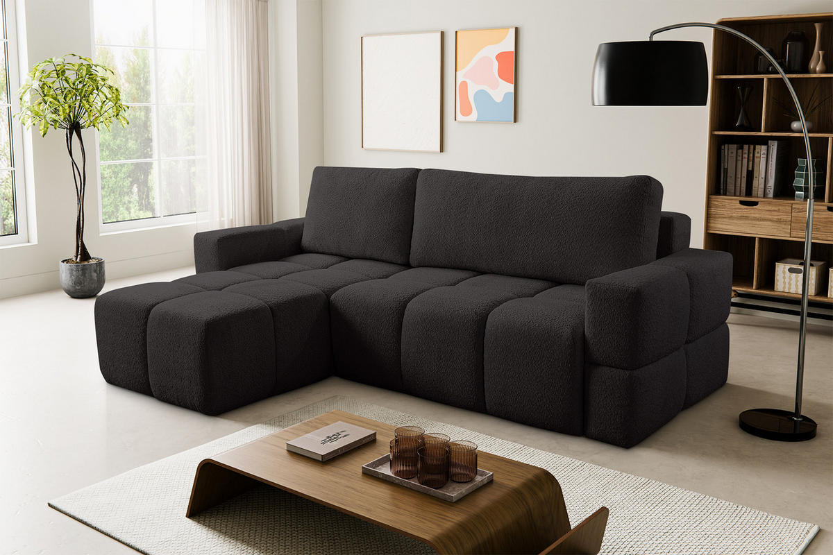 ECKSOFA LUSSO mit Schlaffunktion und Bettkasten, Farbe: Schwarz, Bouclé-Stoff, Ottomane Universal - Schwarz, Textil (255/165cm)