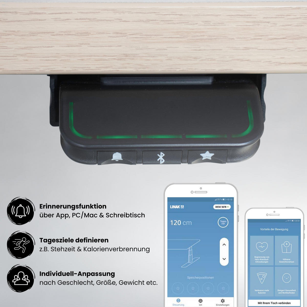 SCHREIBTISCH elektrisch Bluetooth & App XDLB 80/160/74 cm in Eichefarben - Eichefarben, Holzwerkstoff (80/160/74cm) - bümö