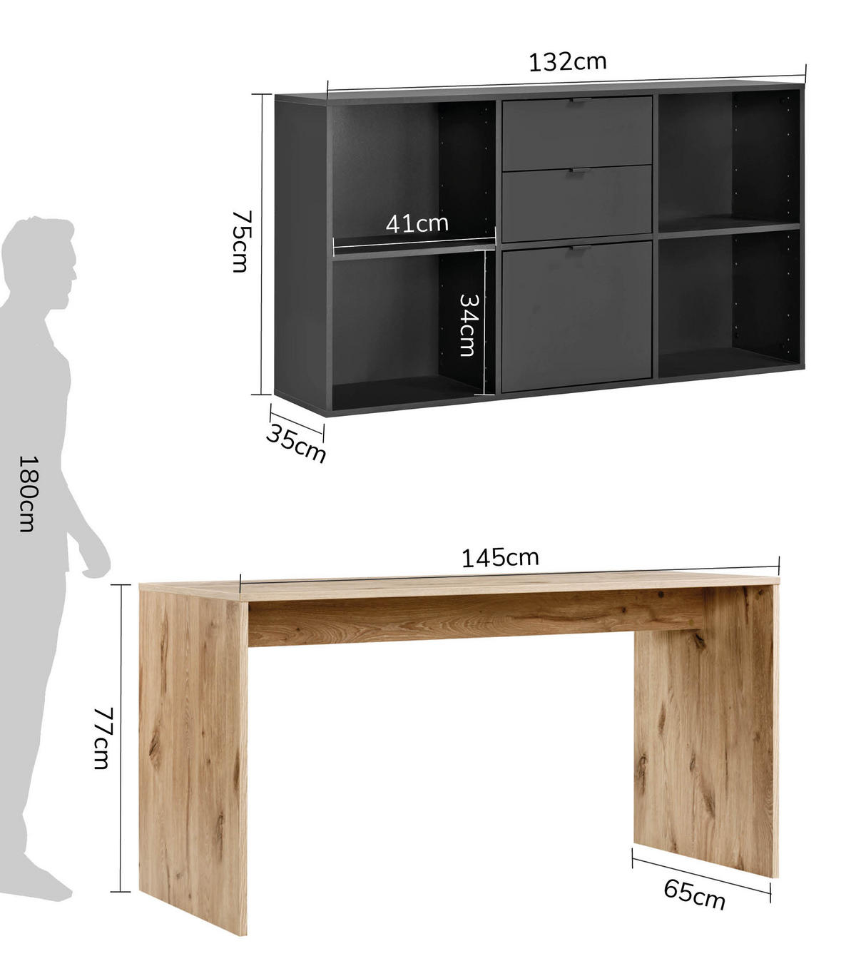 SCHREIBTISCH Der Produktive - Eichefarben/Schwarz, Holzwerkstoff (65/145/77cm) - Mokebo