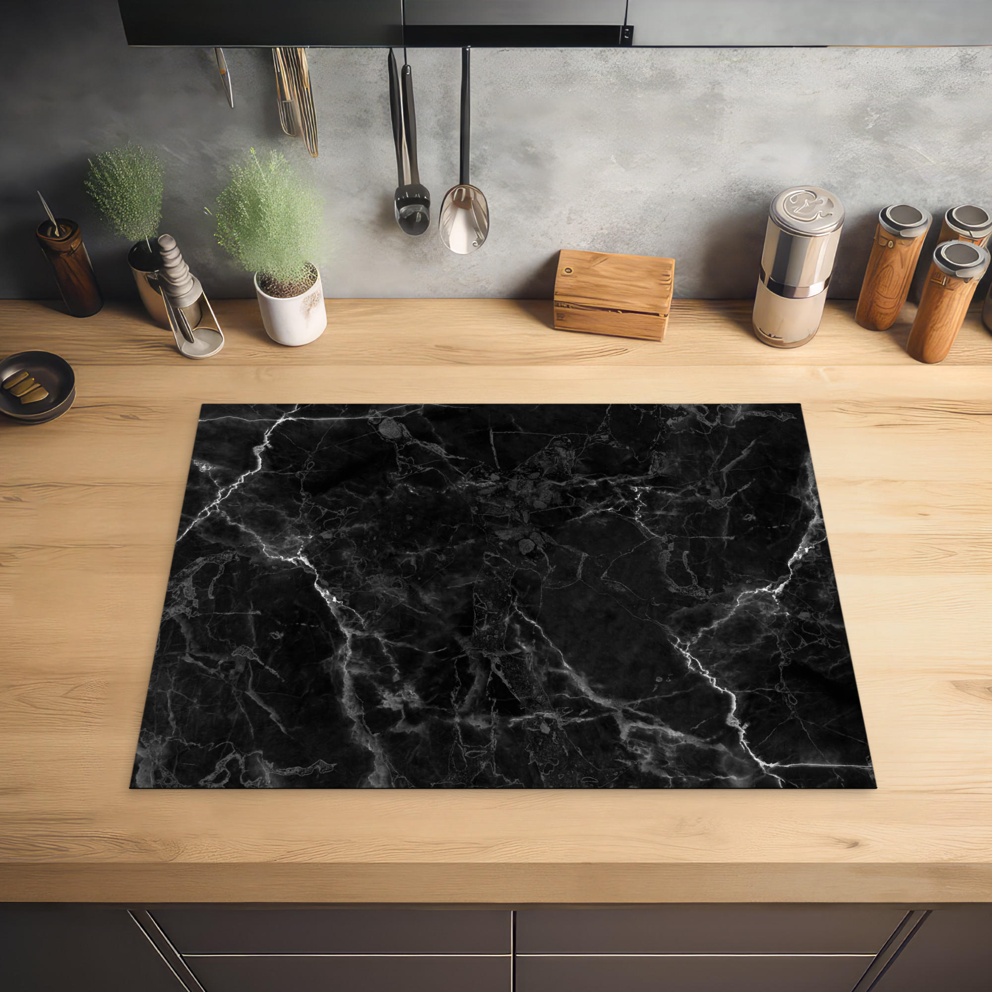 HERDABDECKPLATTE Marmor - Schwarz - Weiß - Textur - Marmoroptik 71x52 cm - Silberfarben, Kunststoff (71/0.2/52cm) - MuchoWow