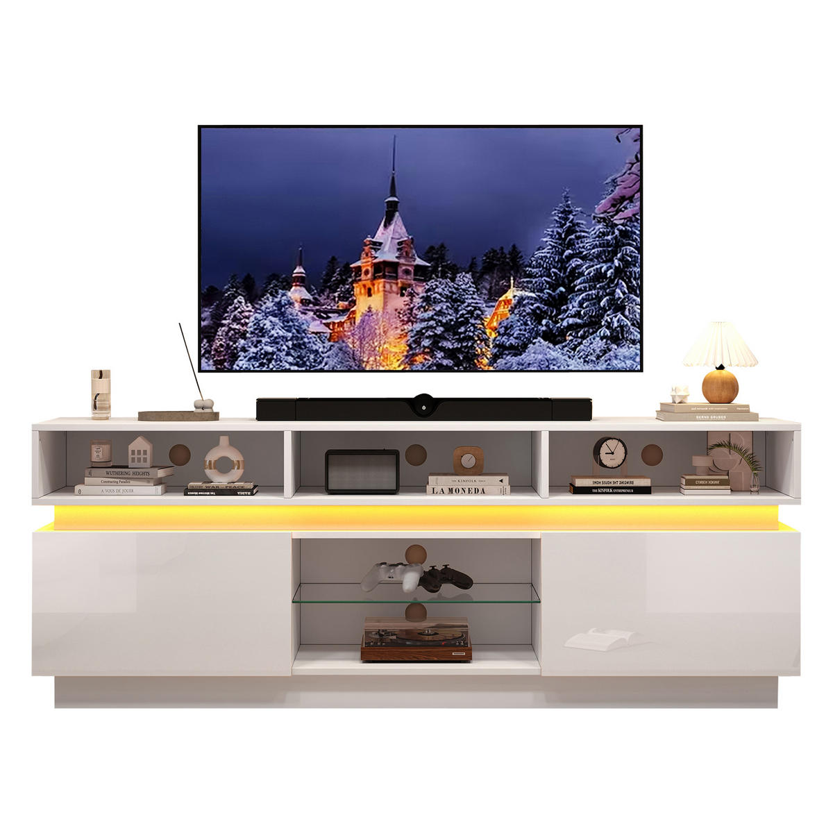 TV-LOWBOARD 160x35x60 cm Weiß LED Hochglanz Glas MDF - Weiß, Holzwerkstoff (35/60/160cm) - FLIEKS