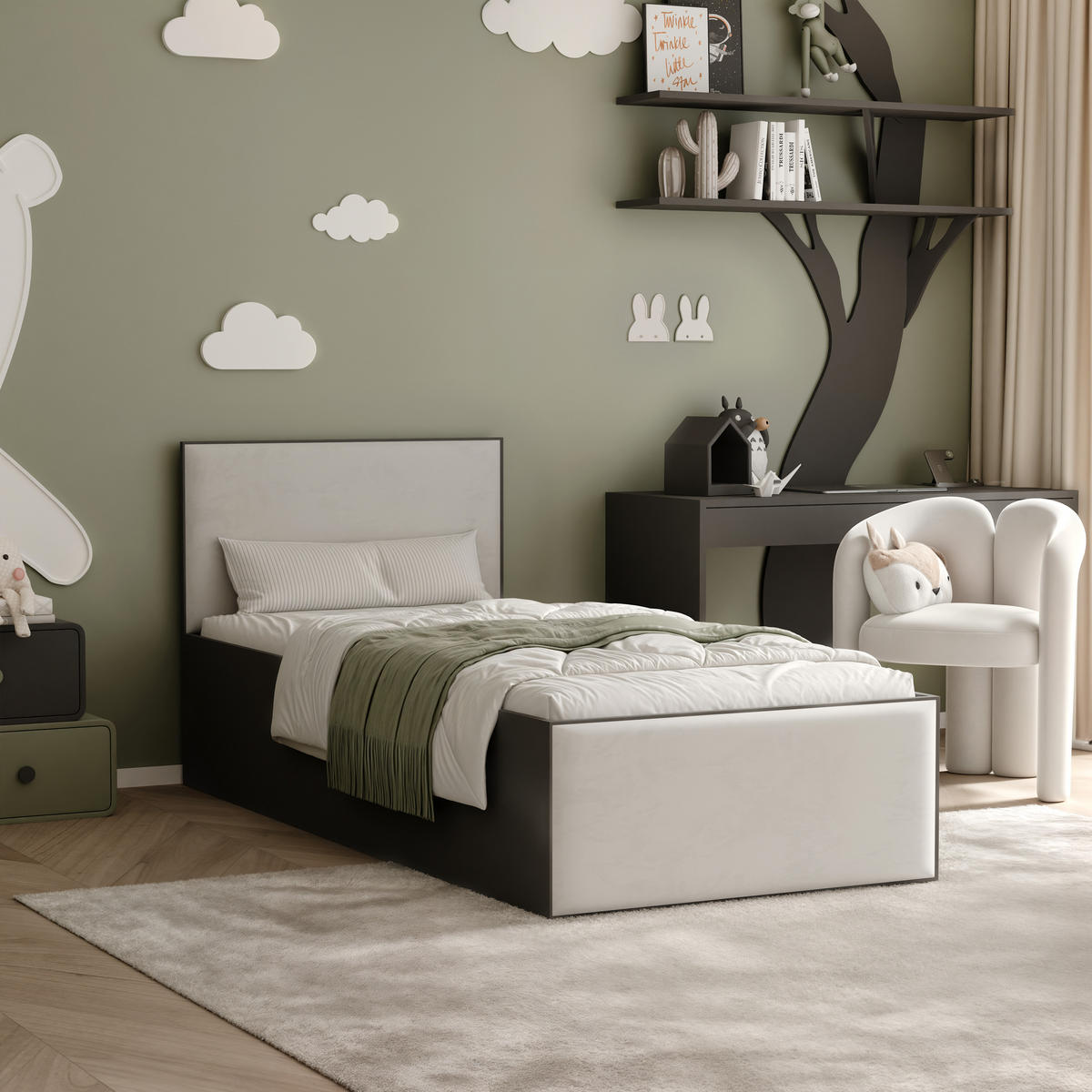 POLSTERBETT SASHI 90/200 cm Bettkasten, ohne Matratze, Schwarz / Hellbeige - Sandfarben, Holz/Holzwerkstoff (90/200cm) - Idohome