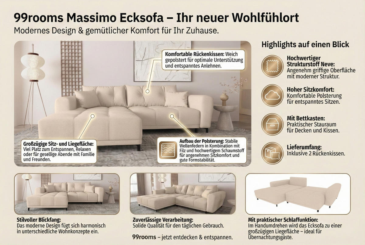 ECKSOFA Massimo Strukturstoff Salbeigrün inkl. Schlaffunktion Links - Salbeigrün/Schwarz, Textil/Metall (246/177cm) - 99rooms