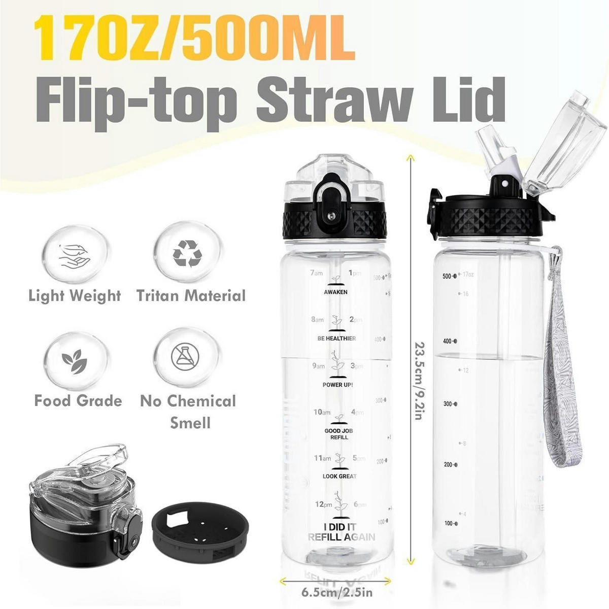 TRINKFLASCHE 500 ml BPA-frei mit Strohhalm und Trageriemen - Transparent, Kunststoff (7/7cm)