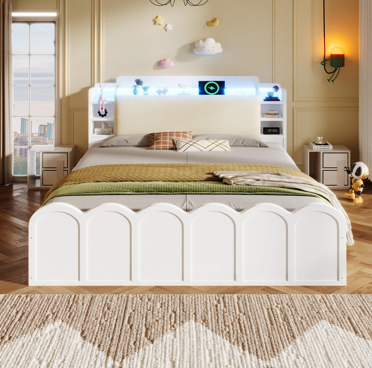 POLSTERBETT 140/200 cm mit LED-Beleuchtung, USB-C und Bettkasten in Weiß - Weiß, Holzwerkstoff (140/200cm) - BEAOK