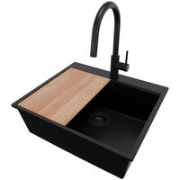 GRANITSPÜLE Oslo, 2-er set Alles Schwarz 58/50 cm 1 Becken + Küchenarmatur 40/20 cm + Ablauf-Set + Schneidebrett ab 60er Unterschrank - Beige/Schwarz, Kunststoff (58/20/50cm) - Primagran