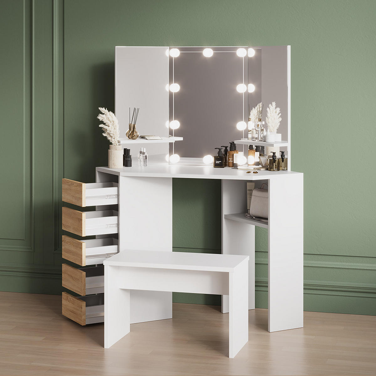 ECKSCHMINKTISCH Enna Weiß/Sonoma 110 cm mit LED Beleuchtung und Bank - Weiß/Sonoma Eiche, Holzwerkstoff (110/141.5/54cm) - Livinity®