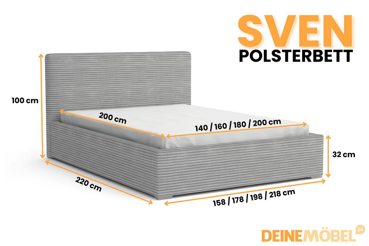 POLSTERBETT SVEN 140/200 in Cord Hellgrau - Hellgrau, Holz/Holzwerkstoff (140/200cm) - Deine Möbel 24