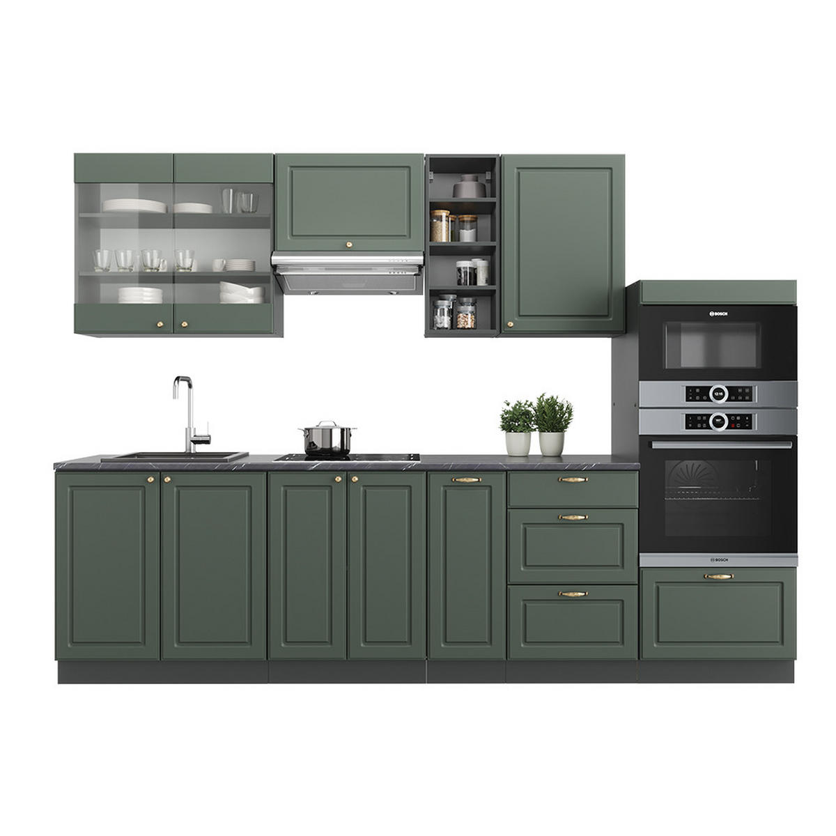 KÜCHENZEILE Fame-Line Grün-Gold Landhaus/Anthrazit 280 cm ohne AP - Anthrazit/Grün, Holzwerkstoff (280/81.6/46cm) - Vicco