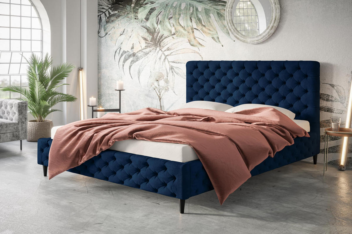 POLSTERBETT LUX Miami mit Kopfteil, 160 x 200 cm, Doppelbett mit Lattenrost aus Holz, Velourstoff Dunkelblau, Füße in Farbe: Schwarz - Dunkelblau, Holz/Textil (160/200cm) - Alpi-Möbel