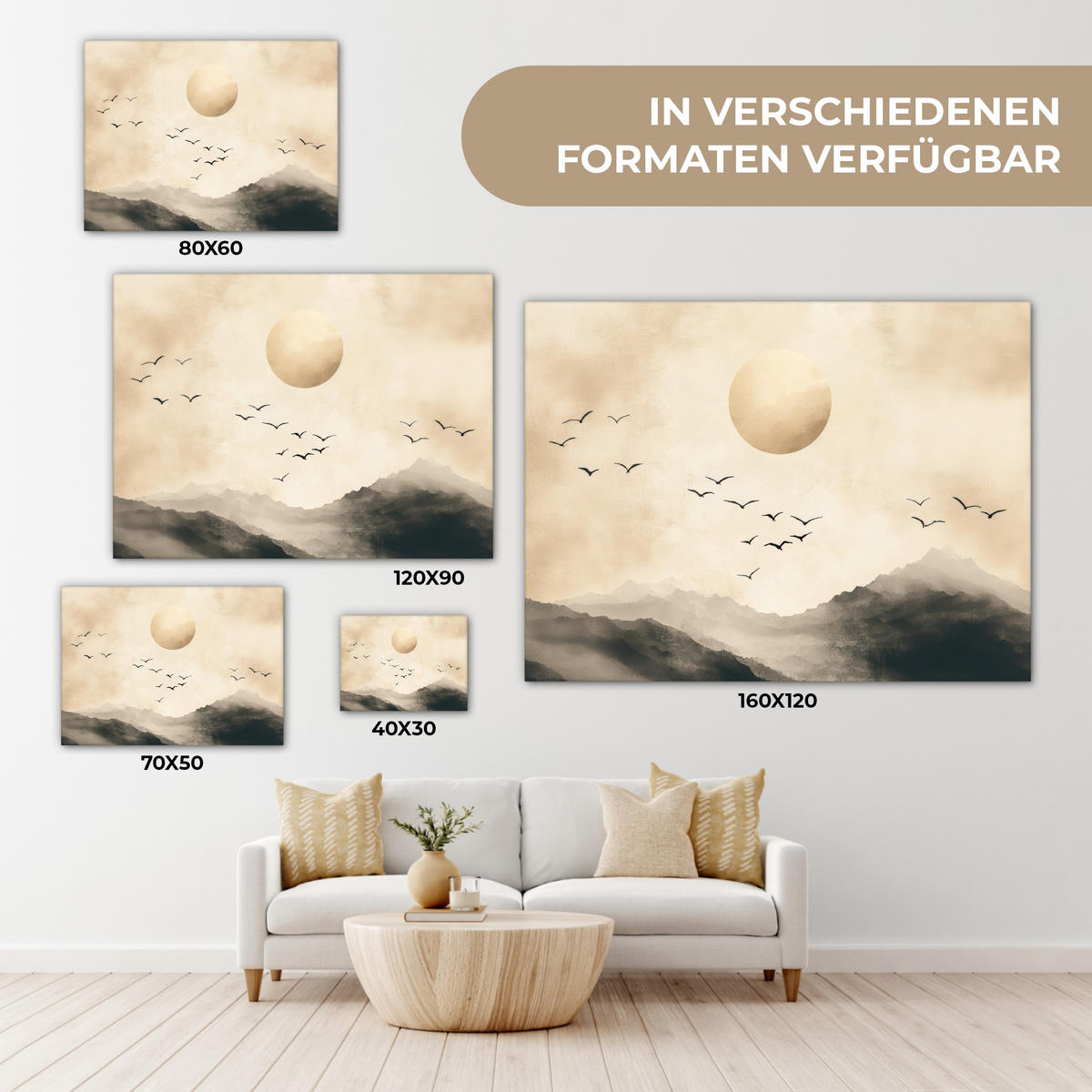 LEINWANDBILD Landschaft - Japandi - Vogel Wandbilder 80x60 cm - Beige, Textil (80/60cm) - MuchoWow