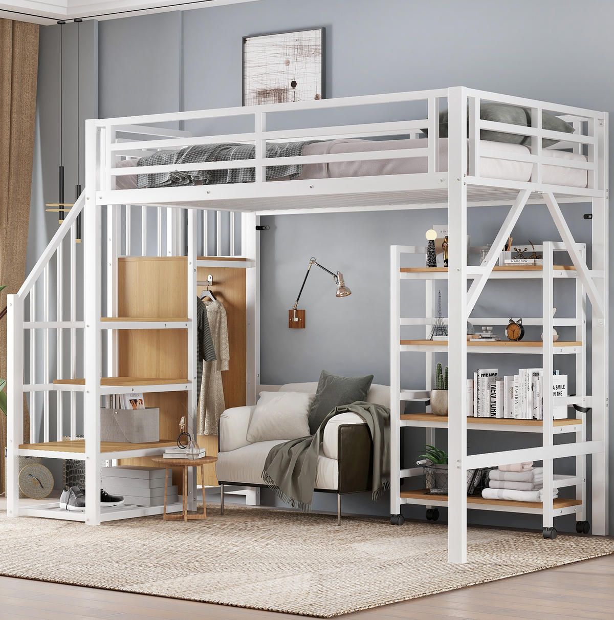 HOCHBETT 90/200 cm in Weiß/Natur – mit Rausfallschutz, Eckleiter und Regal - Weiß, Metall (90/200cm) - BEAOK