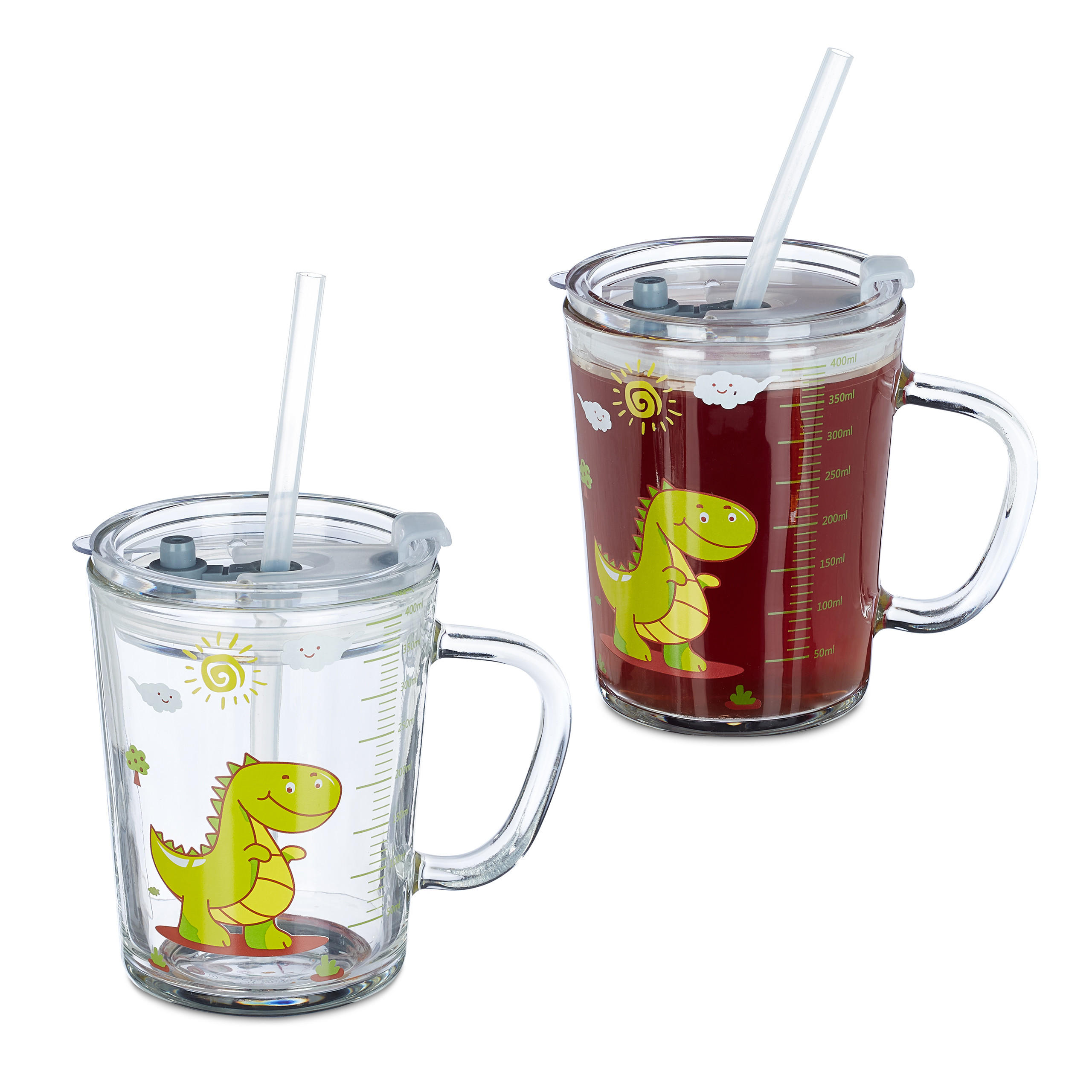 Relaxdays SKLENICE Transparentní zelená 2dílná-sada pro děti s víčkem a brčkem 400 ml