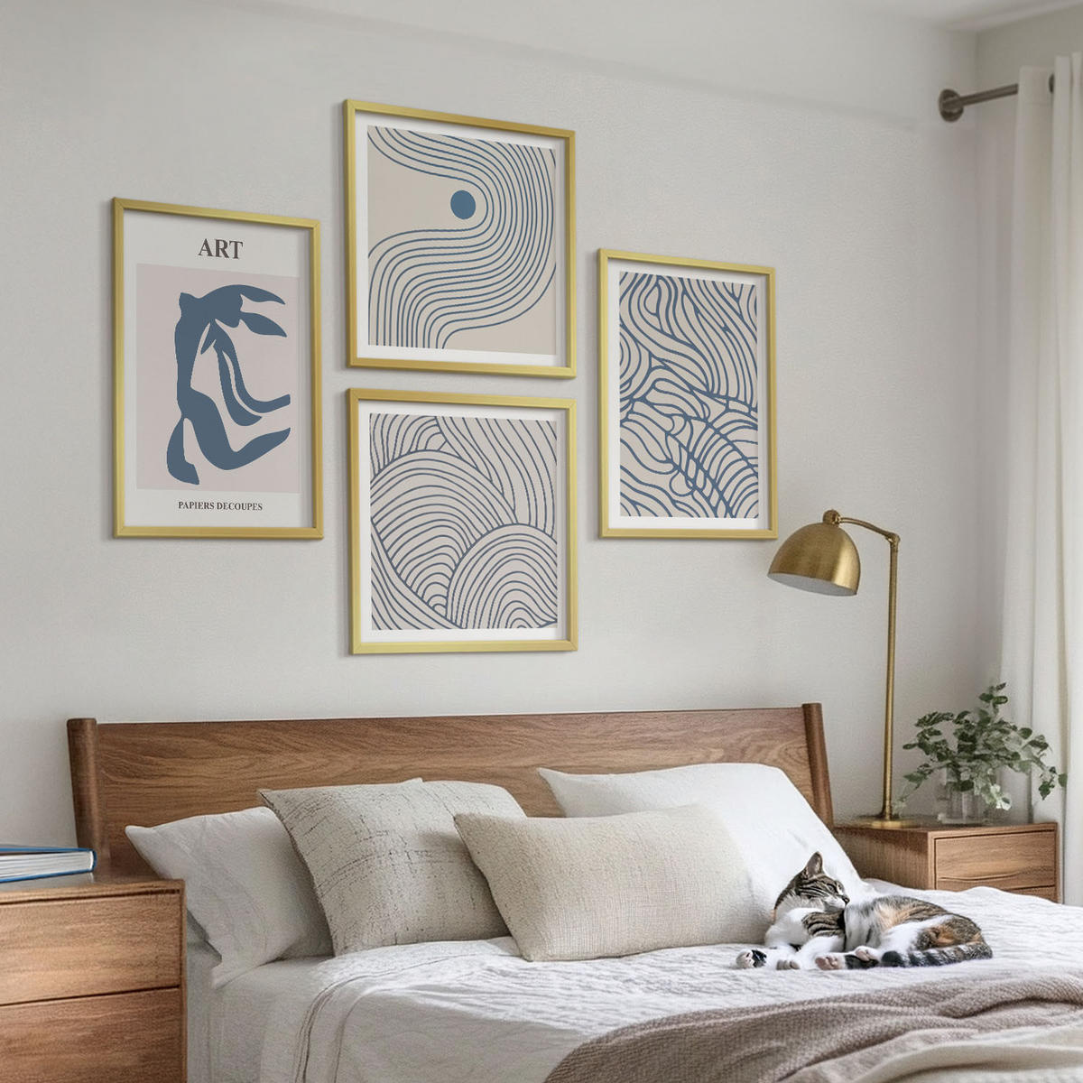 WANDBILDER 4er Set - 50x50 cm & 40x60 cm Goldrahmen - Abstrakte blaue Linien - Goldfarben, Kunststoff (50/50cm) - ArtPrintCave
