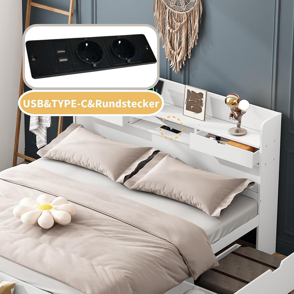 STAURAUMBETT 135x190 cm mit USB-Anschluss und Schubladen in Weiß - Weiß, Holz - KOMHTOM