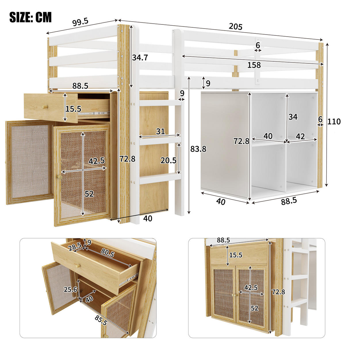 KINDERHOCHBETT aus Massivholz 90x200 cm in Weiß mit 2 Schränken & Leiter - Weiß, Holz (90/200cm) - Modfu