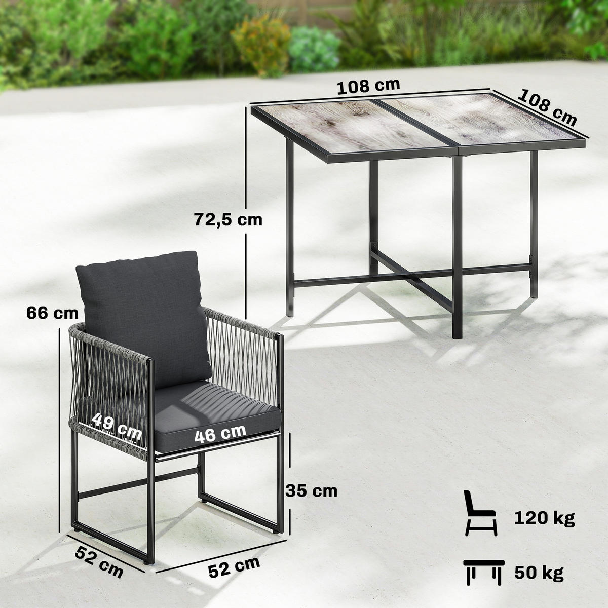 GARTENMÖBEL-SET Grau 108.0/108.0/72.5cm - Grau, Metall