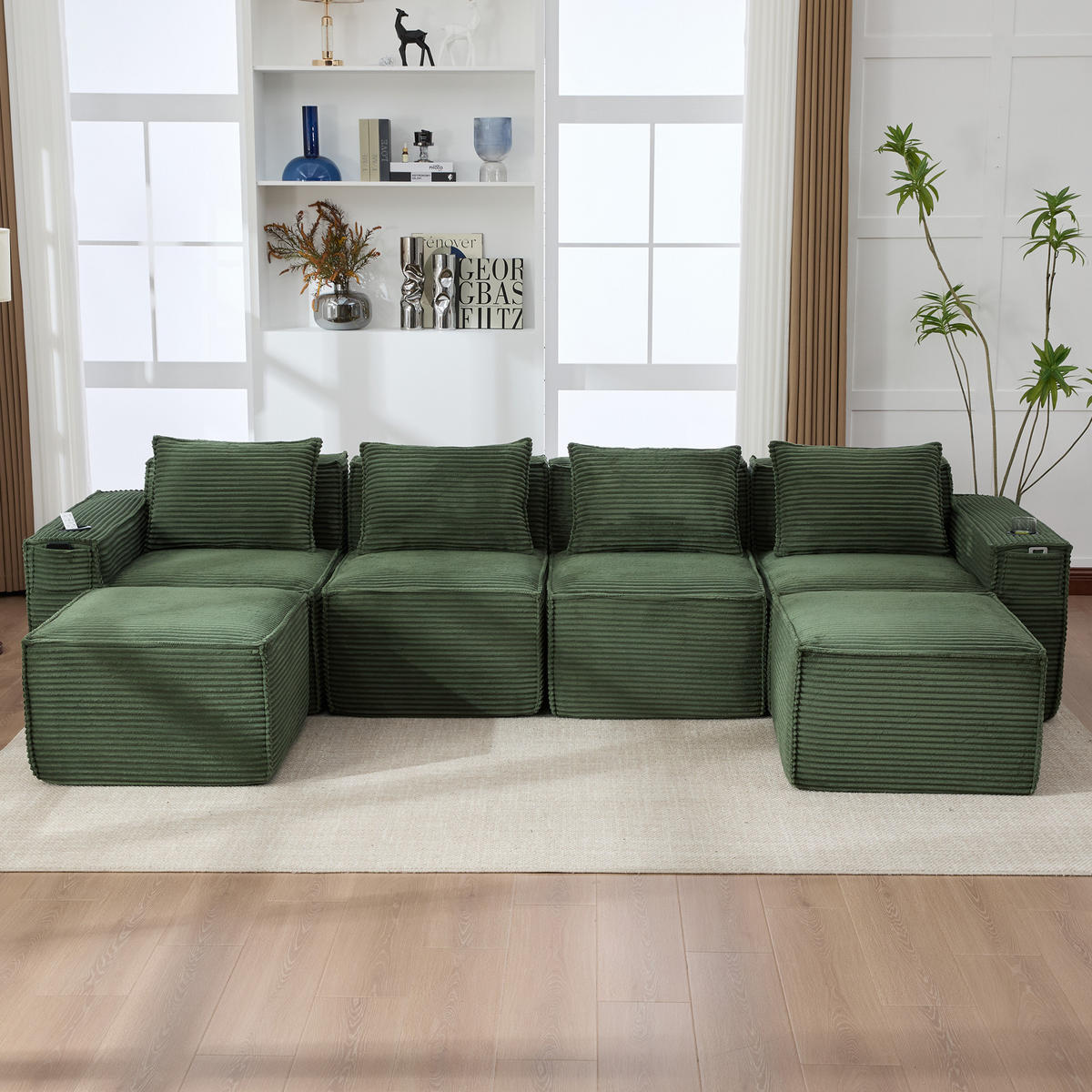 WOHNLANDSCHAFT 330/162/75 cm Grün mit 2 Fußhocker, Getränkehalter und Seitentaschen - Grün, Textil (330/75/162cm) - Oxeza