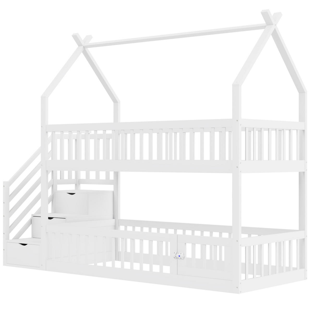 ETAGENBETT mit Treppenschubladen 90x200 cm Massivholz Weiß - Weiß, Holzwerkstoff (90/200cm) - Beauniv