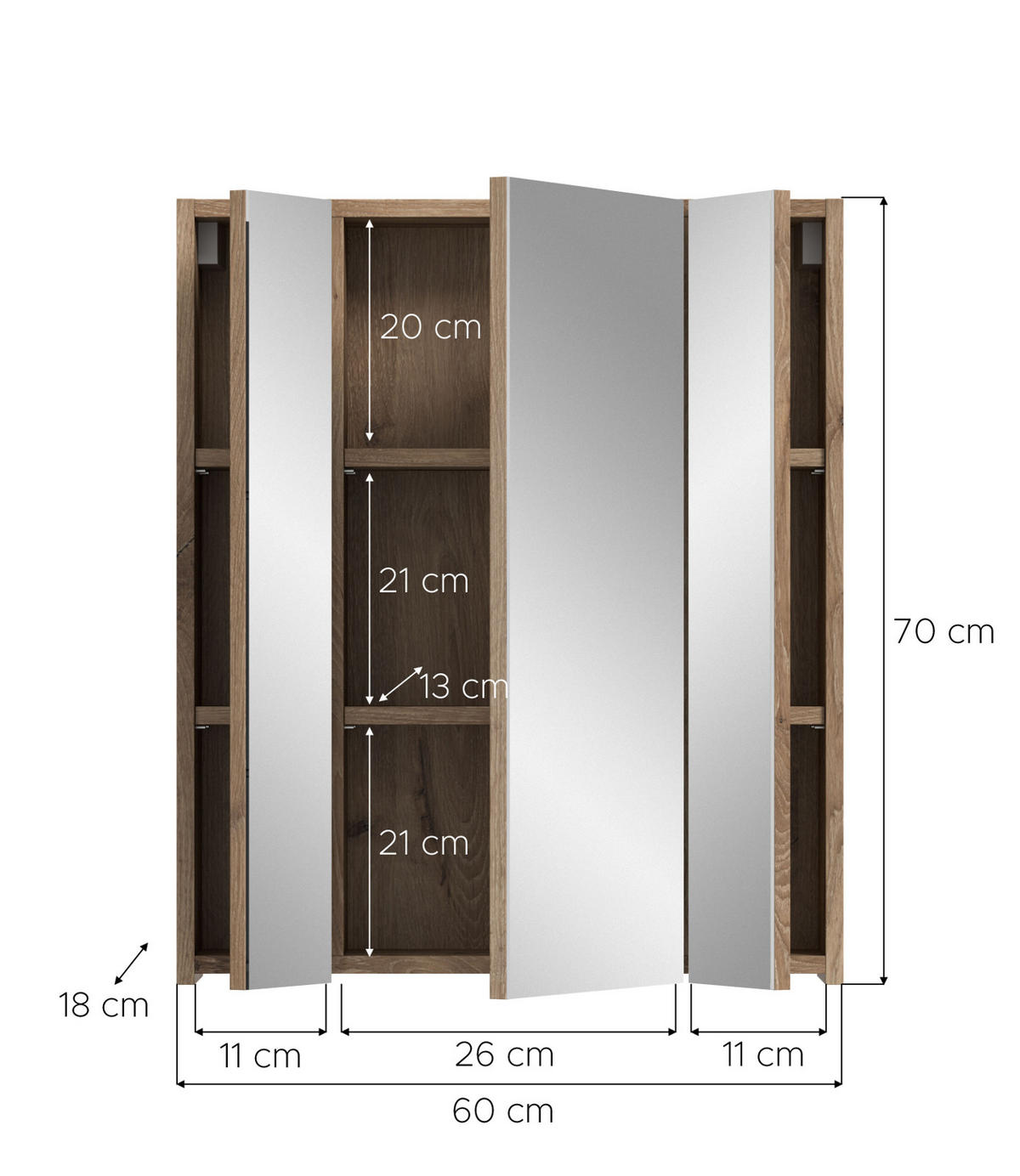 SPIEGELSCHRANK Eiche Nox, Badschrank Spiegel 3-türig / 3D, 9 Fächer 60 x 70 cm - Eichefarben, Glas/Holzwerkstoff (60/70/18cm) - Inn.Furn
