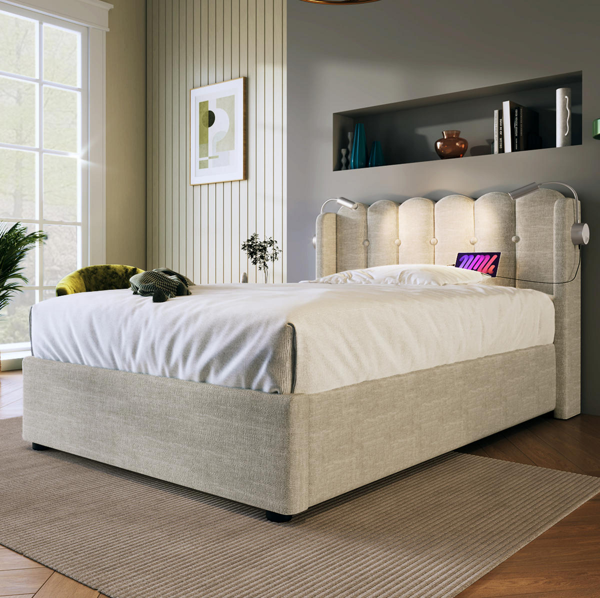 POLSTERBETT aus Leinen 90x200 cm Natur mit Bettkasten, Leselicht und USB-Anschluss - Naturfarben, Textil (90/200cm) - IVMEU
