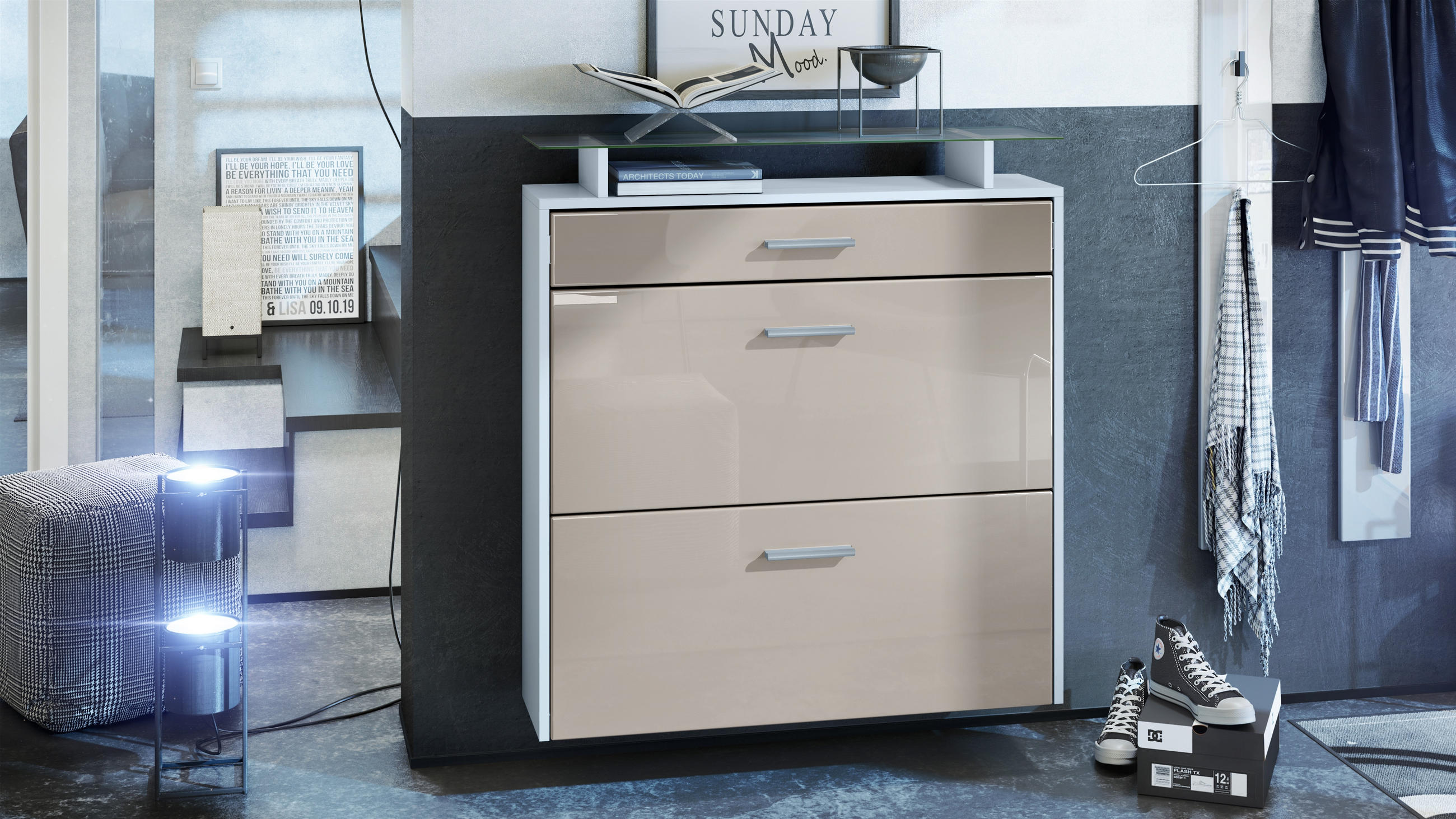 SCHUHSCHRANK Malea Front in Sandgrau Hochglanz - Sandfarben, Holzwerkstoff (89/96/23cm) - Vladon