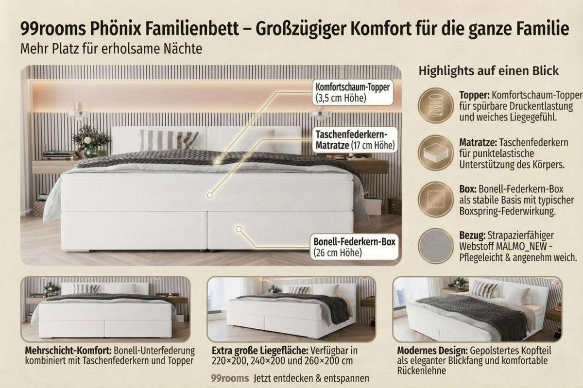 FAMILIENBETT BOXSPRINGBETT Webstoff Bordeaux 220/200 cm - Chromfarben/Bordeaux, Kunststoff/Textil (220/200cm) - 99rooms