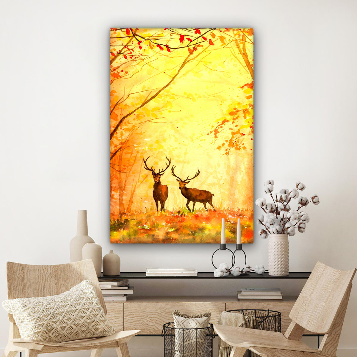 LEINWANDBILD Natur - Ölfarbe - Hirsche - Tiere - Herbst - Orange Deko Groß 90x140 cm - Orange, Textil (90/140cm) - MuchoWow
