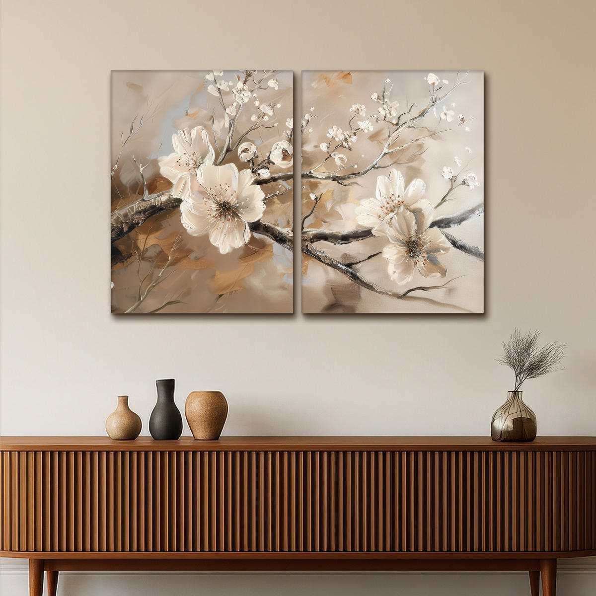 LEINWANDBILD 2er Set Blüte - Beige - Abstrakt - Blumen 120x80 cm - Hellbraun, Textil (120/80cm) - MuchoWow