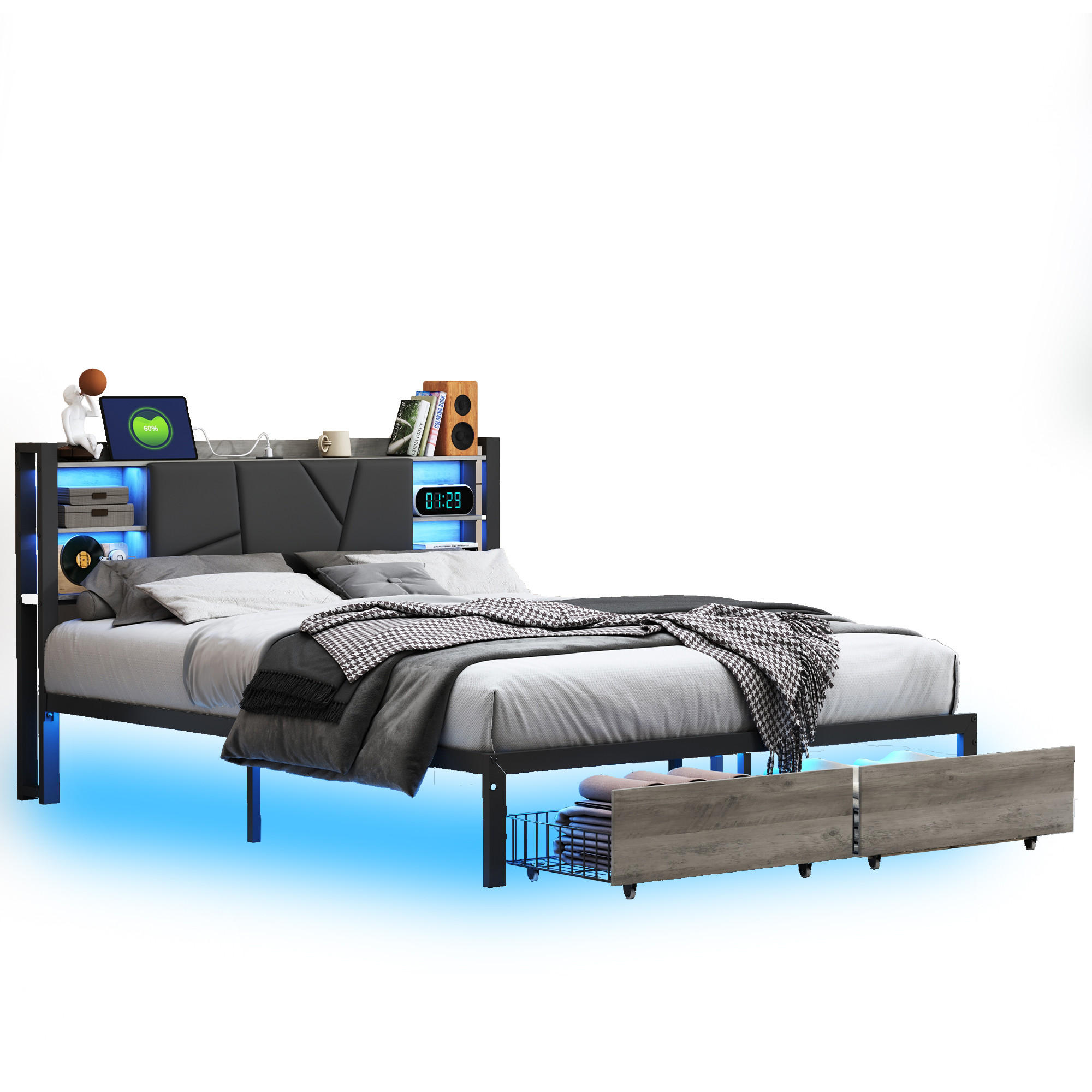 POLSTERBETT 140x200 cm, Stauraumkopf, 2 Fuß‑Schubladen, RGB‑LED, USB/Typ‑C, PU‑Bezug, Schwarz - Schwarz, Holz (140/200cm) - BRILVERDE