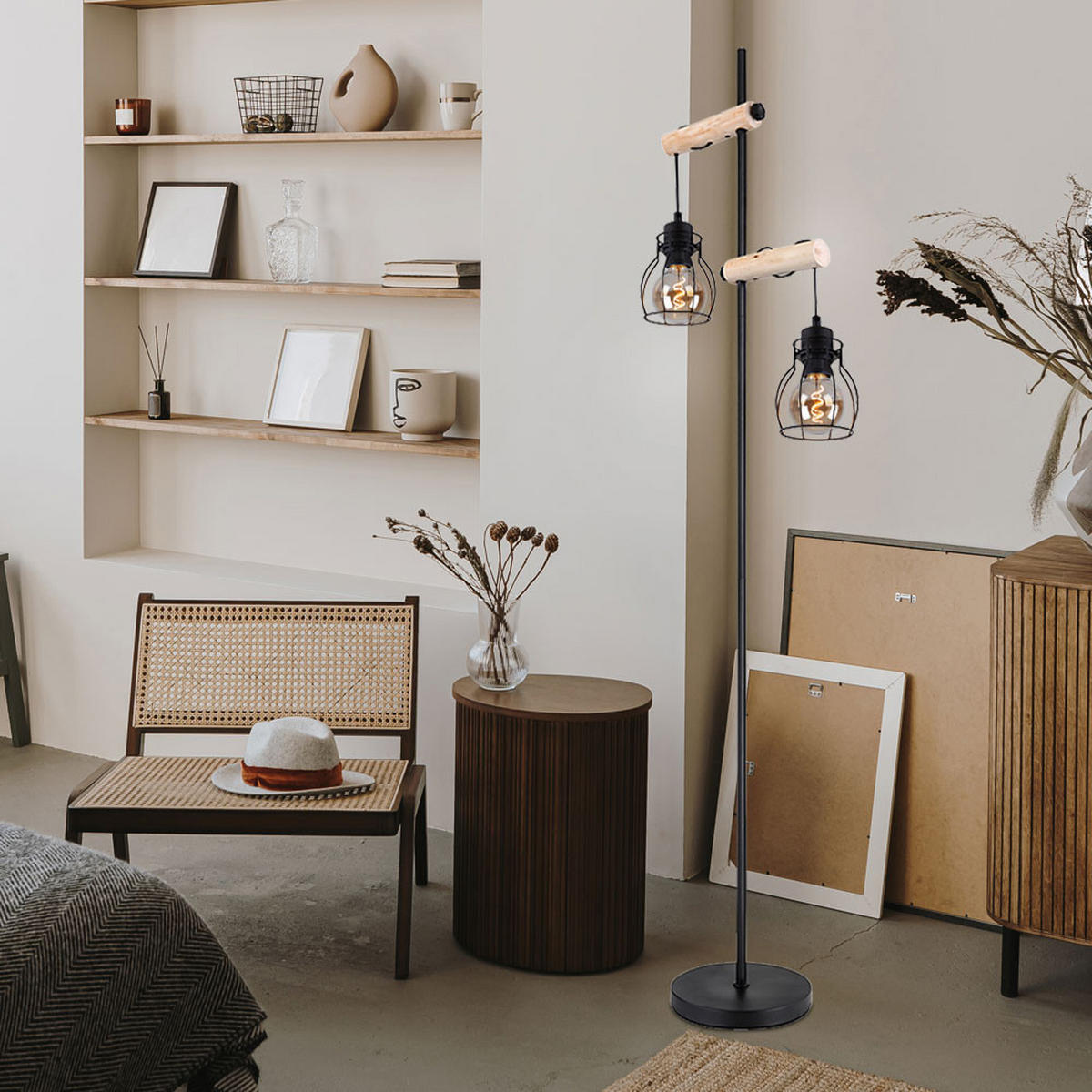 LED STEHLEUCHTE Metall Schwarz höhenverstellbar - Schwarz, Holz (38.5/23/150cm) - Globo Lighting