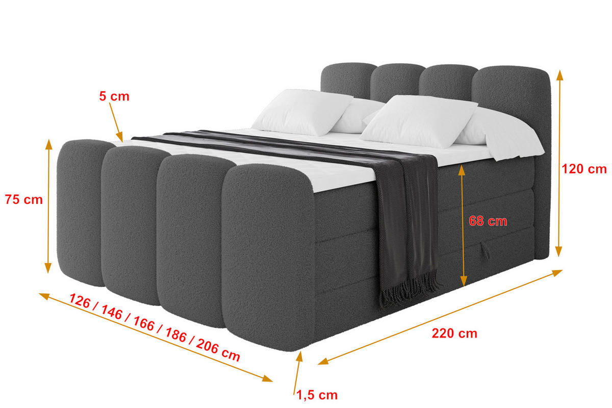BOXSPRINGBETT mit Matratze H3/H4 - NINA-Z KING - 140x200 cm Grau - Titanfarben, Holzwerkstoff (140/200cm) - ALTDECOR
