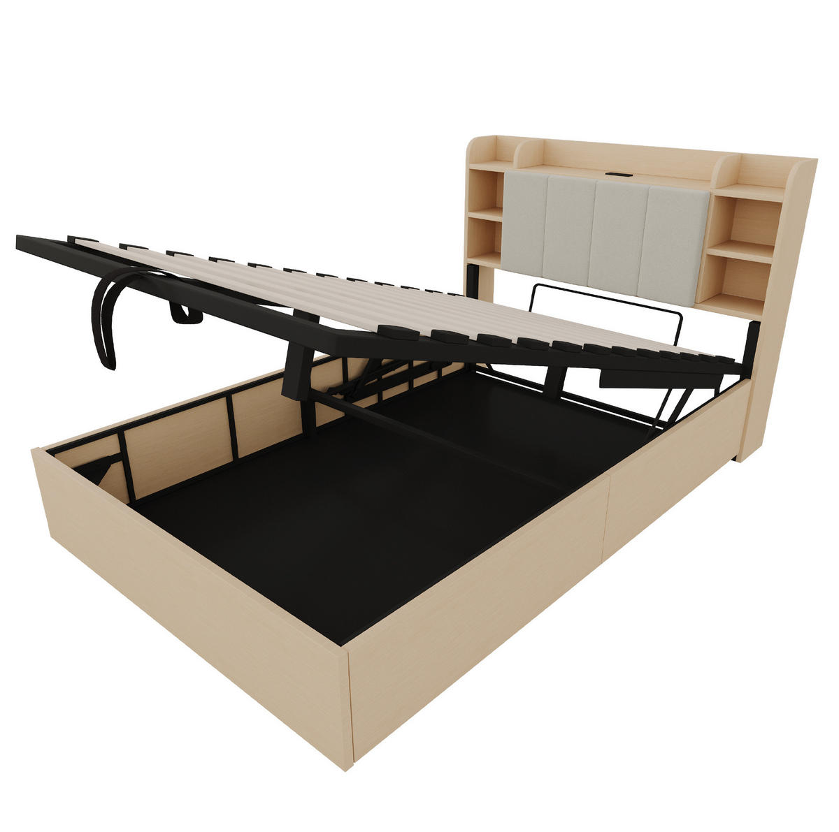 BETT 140/200 cm mit hydraulischem Bettkasten, Kopfteil mit Stauraum, USB- und USB-C-Anschluss, MDF, farbe - Naturfarben, Holzwerkstoff (140/200cm) - Redom