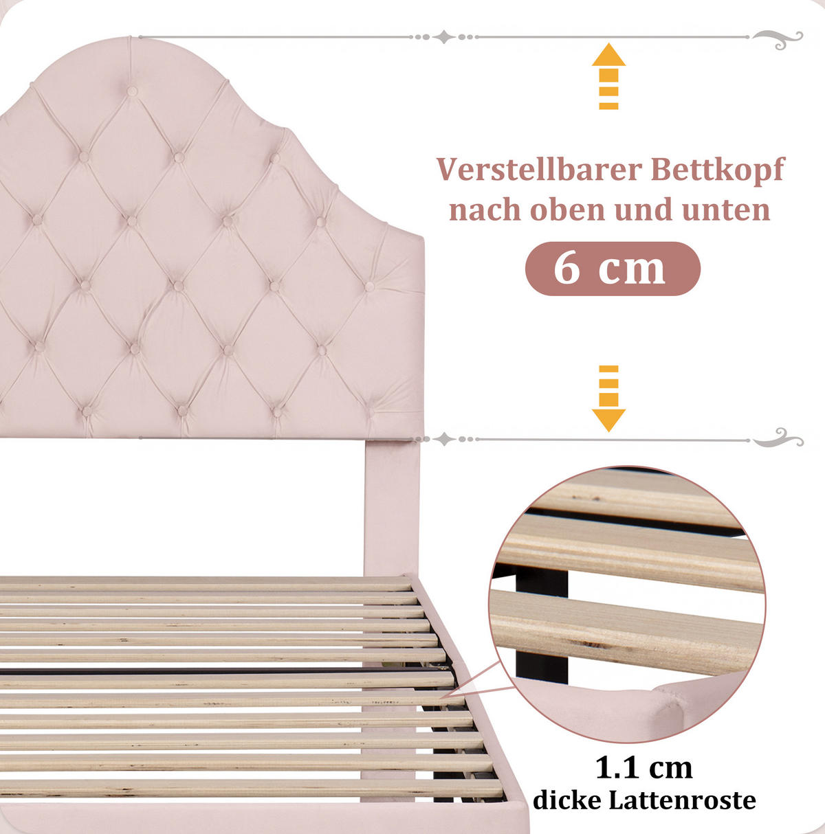 SAMT-POLSTERBETT 90/200 cm in Rosa mit Lattenrost und verstellbarem Kopfteil - Rosa, Textil (90/200cm) - BEAOK