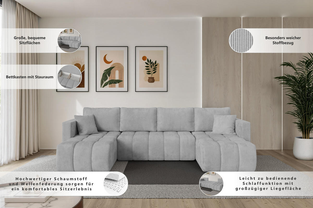 SEDACÍ SOUPRAVA DO U s funkcí spaní a úložným prostorem GARD-U 300x146x85 růžová manšestr - růžová/černá, kompozitní dřevo/textil (300/85/146cm) - ALTDECOR
