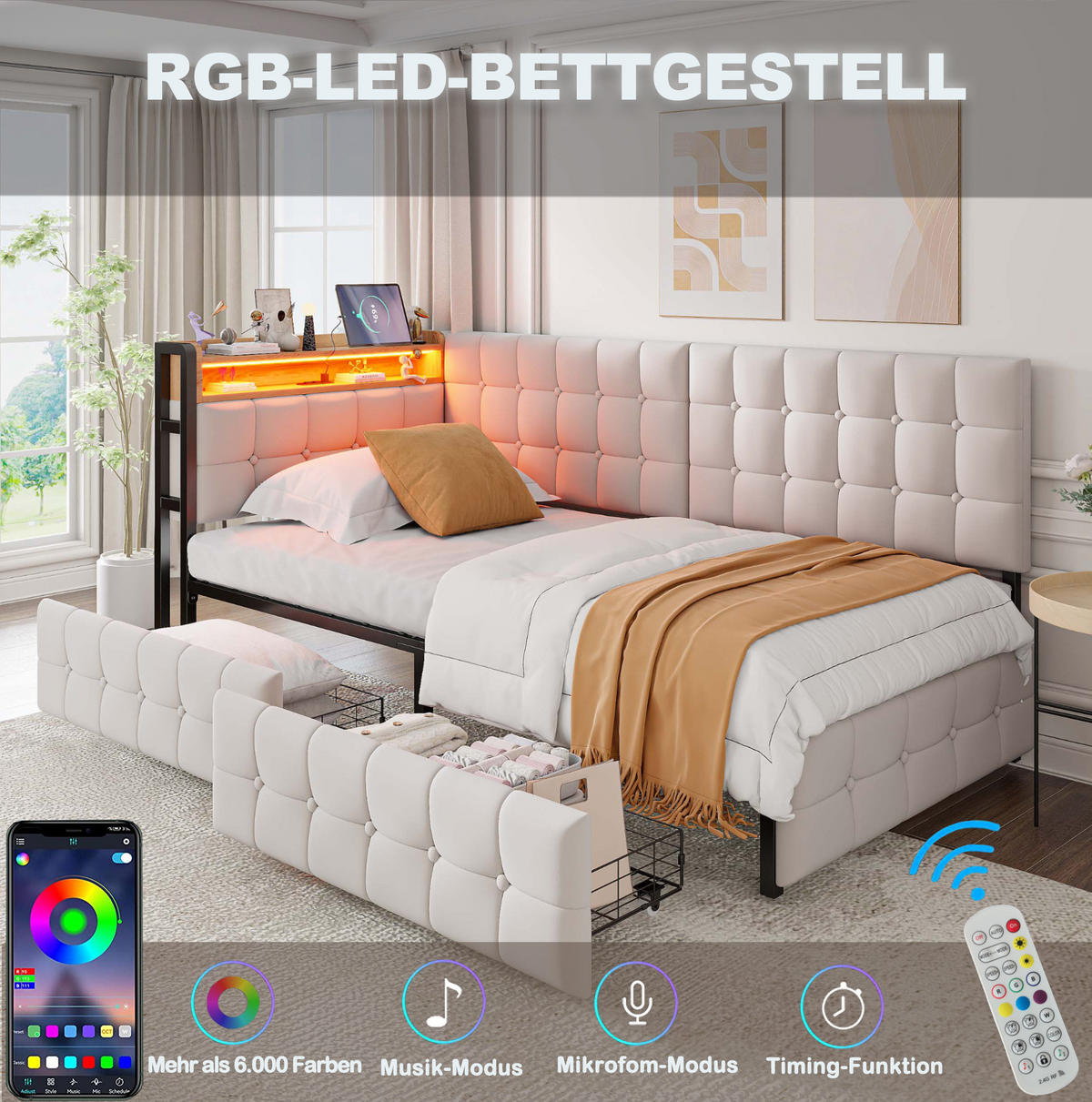 POLSTERBETT 90/200 cm Beige mit Stauraum mit LED-Beleuchtung und USB- und Type-C-Anschlüssen - Beige, Textil (90/200cm) - OKWISH