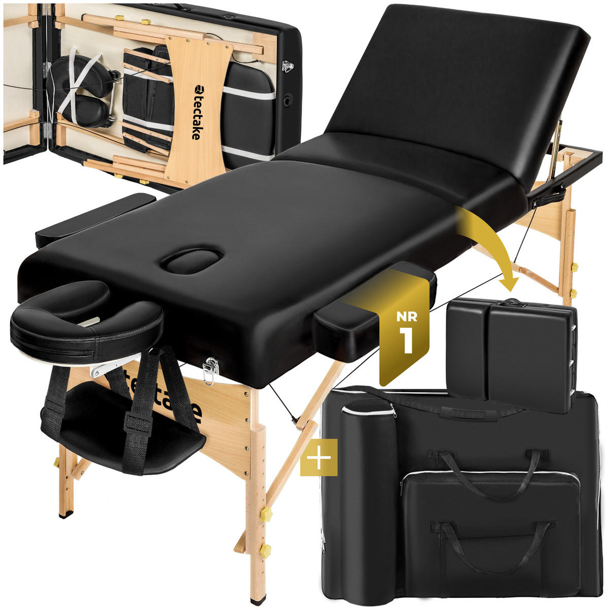 MASSAGELIEGE 3 Zonen, 218 x 102 x 90 cm,schwarz - Schwarz, Holz (102/90/218cm) - tectake