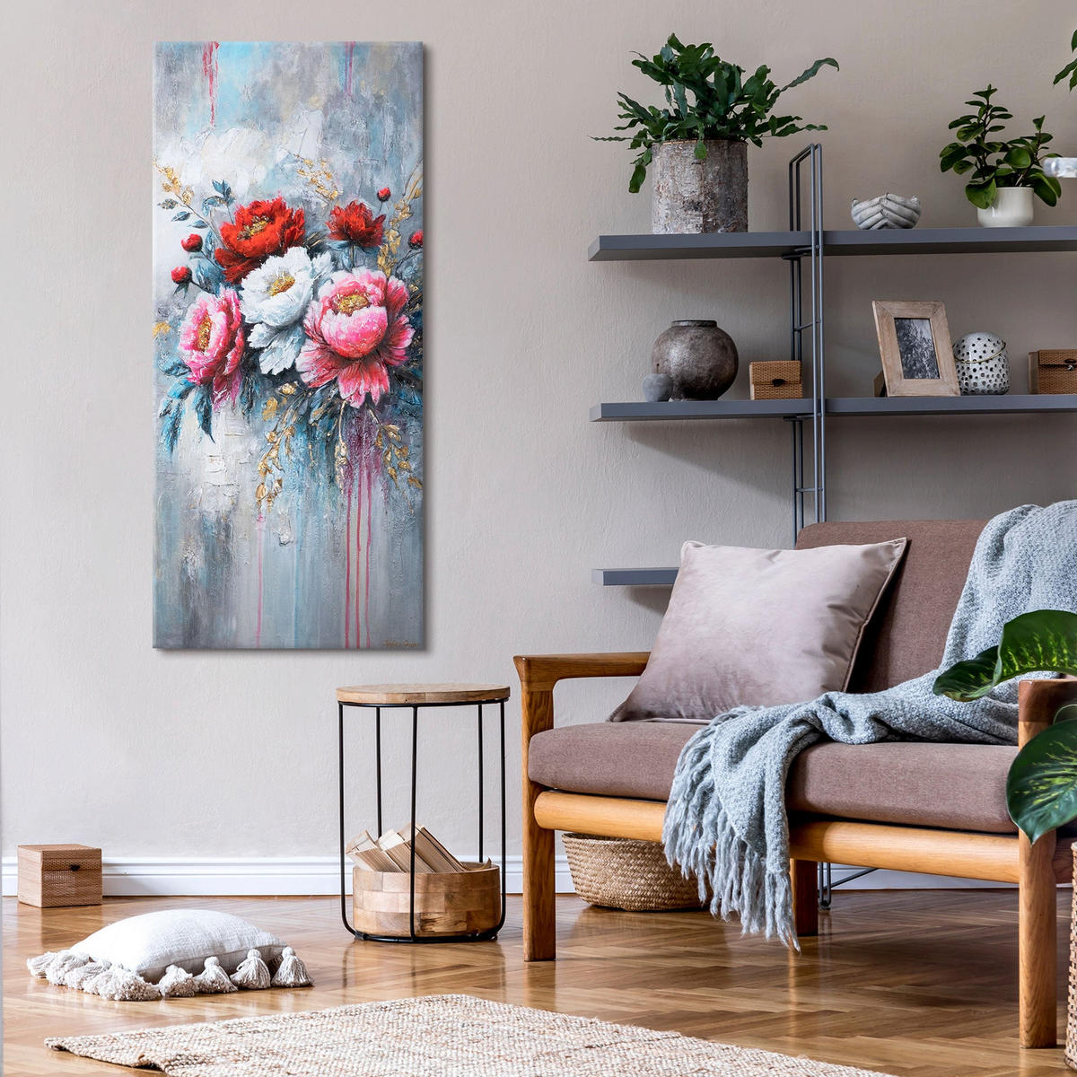 GEMÄLDE Blühende Pfingstrosen auf Keilrahmen 115x50 cm - Multicolor, Holz (115/50cm) - YS-art gallery