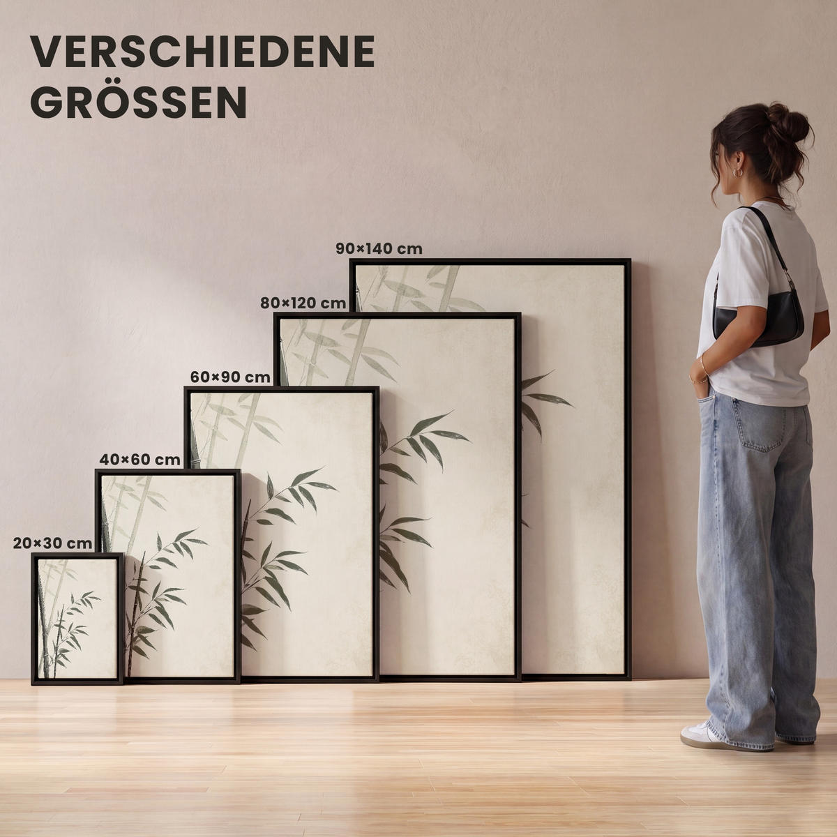 LEINWAND Bilder mit Rahmen - Japandi - Bambus - Beige - 20x30 - Eukalyptusholzfarben, Textil (20/30cm) - MuchoWow