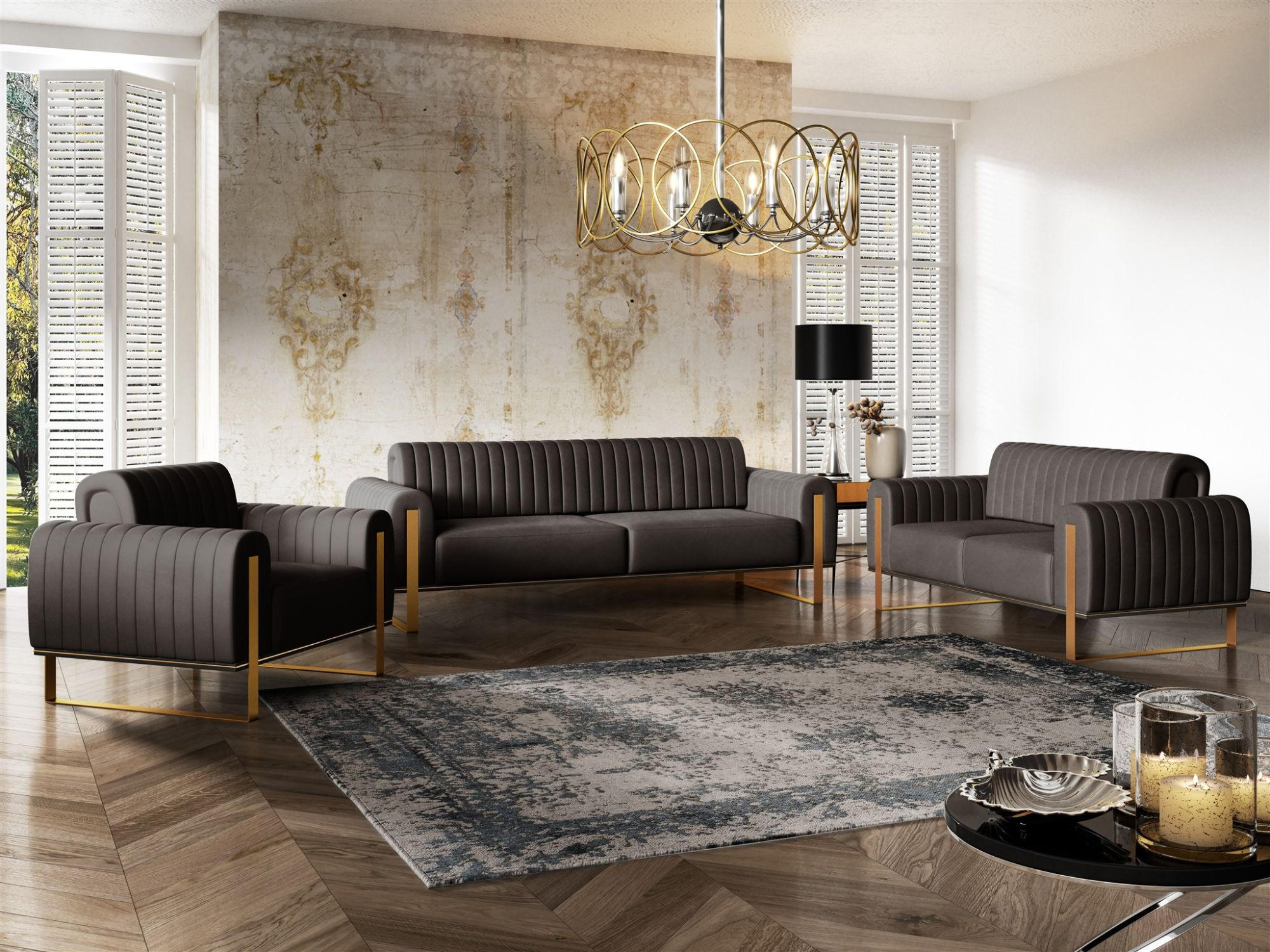 SOFASET Valerie 3-2-1 - Schwarz, Holzwerkstoff/Textil (228/79/90cm) - Fun Möbel