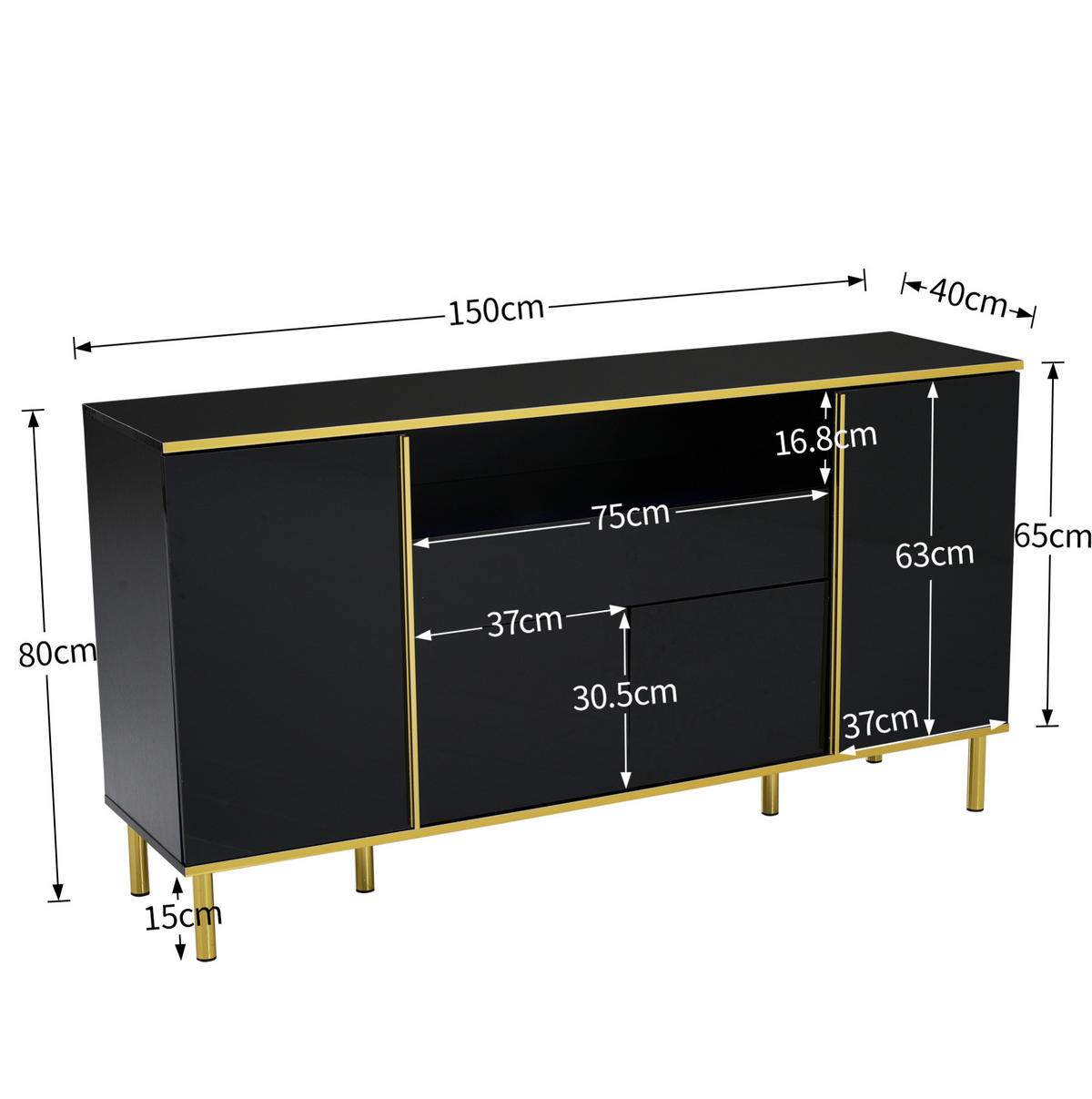 SIDEBOARD 150/40/80 cm in Schwarz Hochglanz mit 4 Türen, Schublade und LED - Schwarz, Holzwerkstoff (150/80/40cm) - Flora Grace