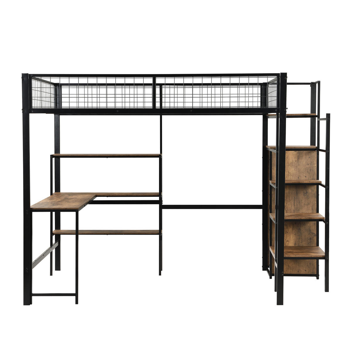 VISOKA postelja 140/200 cm črna in rjava s pisalno mizo, policami in omaro iz MDF in kovine - črna, kovina (140/200cm) - OKWISH