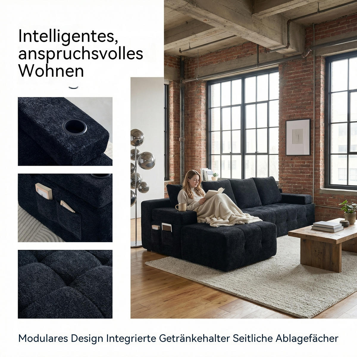 ECKSOFA Chenille Schwarz mit Becherhaltern und Seitenfach - Schwarz, Textil (260/168cm) - WISHDOR
