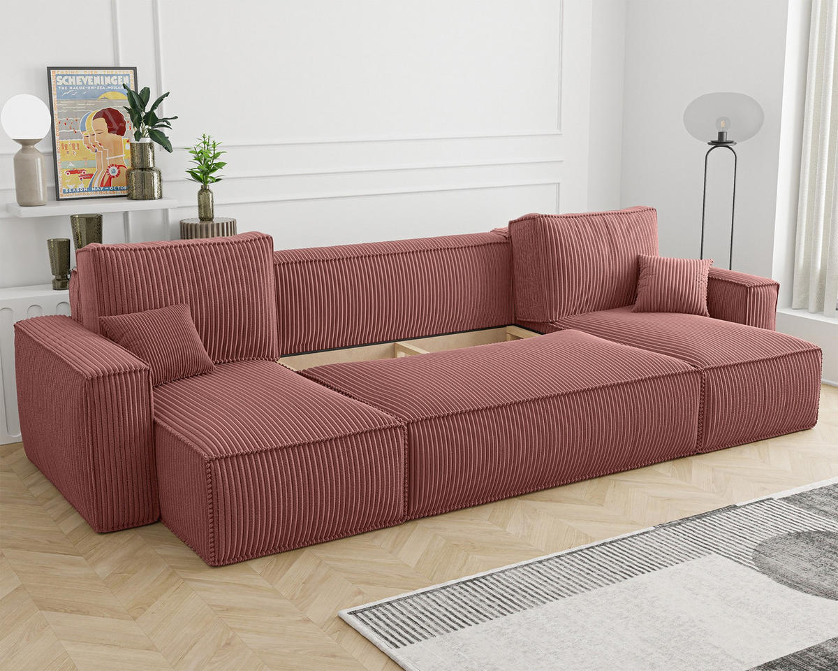 WOHNLANDSCHAFT Scarlo Dunkelrosa Cordbezug - Dunkelrosa/Schwarz, Kunststoff/Textil (244/83/145cm) - Selsey