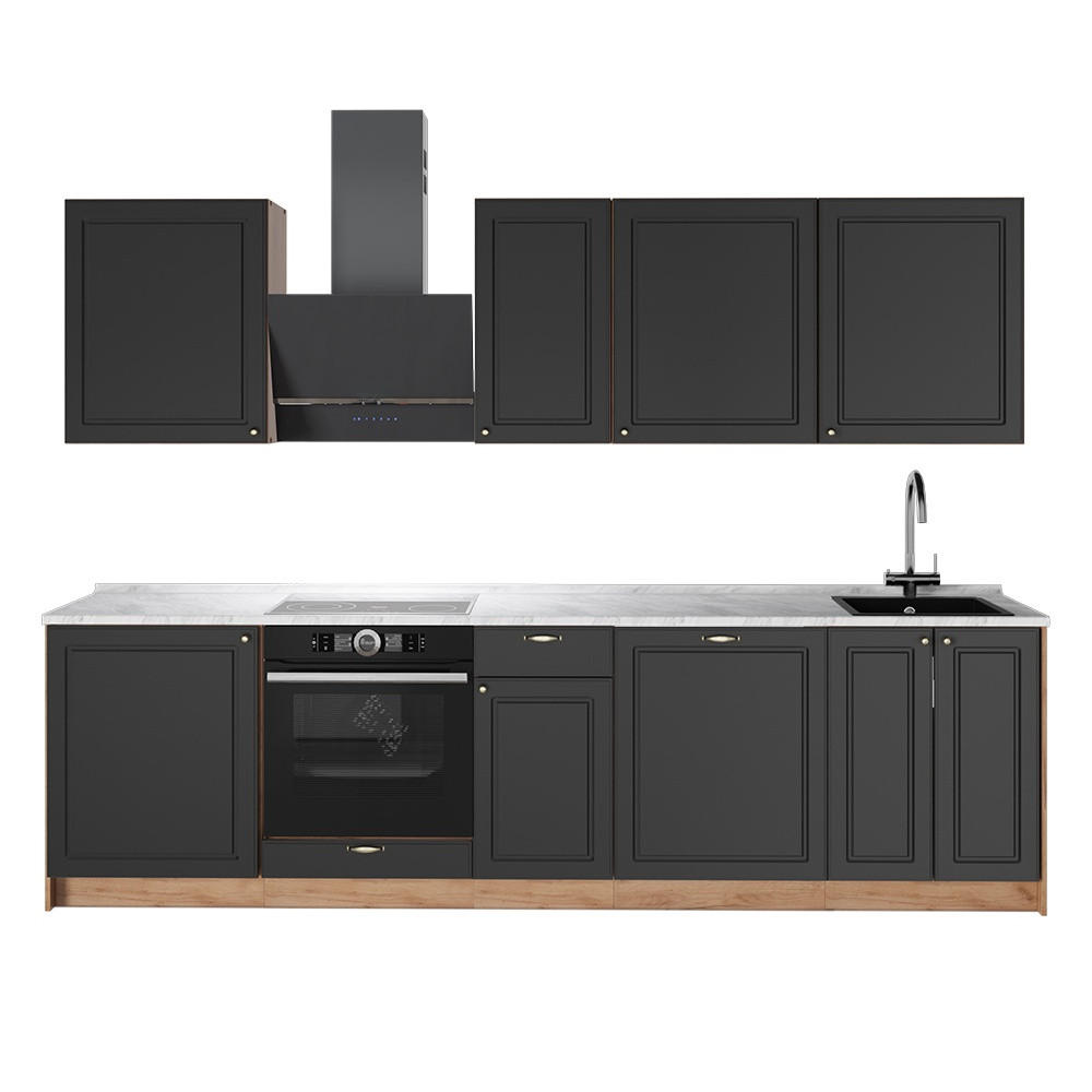 KUCHYNKA Fame-Line, Antracitovo-zlatý vidiecky dom/Dub Goldkraft, 280 cm, AP Marble - dub medový/antracitová, kompozitné drevo (280/206.8/60cm) - Vicco